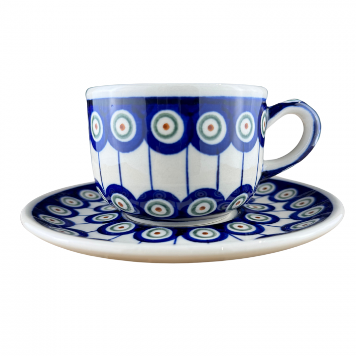Ceasca pentru cafea cu farfurie Peacock-Eyes, ceramica smaltuita, pictata manual, 210 ml [9]
