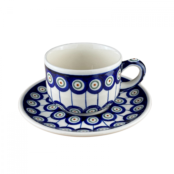 Ceasca pentru cafea cu farfurie Peacock-Eyes, ceramica smaltuita, pictata manual, 210 ml [3]