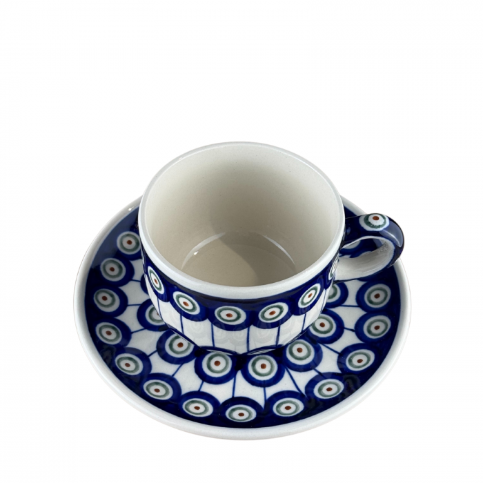 Ceasca pentru cafea cu farfurie Peacock-Eyes, ceramica smaltuita, pictata manual, 210 ml [6]