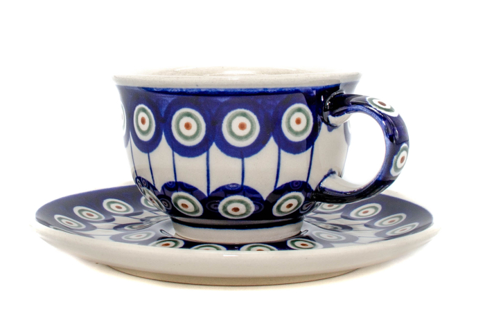 Ceasca pentru cafea cu farfurie Peacock Eyes, ceramica smaltuita, pictata manual, 220 ml [2]