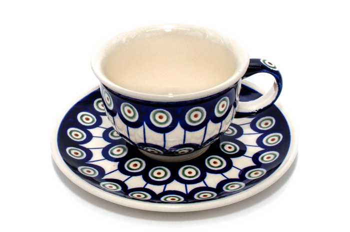 Ceasca pentru cafea cu farfurie Peacock Eyes, ceramica smaltuita, pictata manual, 220 ml [4]