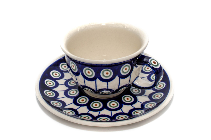 Ceasca pentru cafea cu farfurie Peacock Eyes, ceramica smaltuita, pictata manual, 220 ml [3]