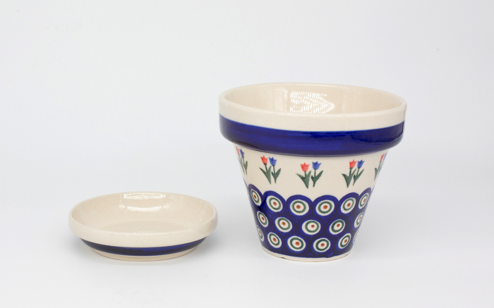 Ghiveci cu farfurie Tulips Pair, ceramica smaltuita, pictat manual, 11,8 /2,8 x 14,0 / 11,8 cm [2]