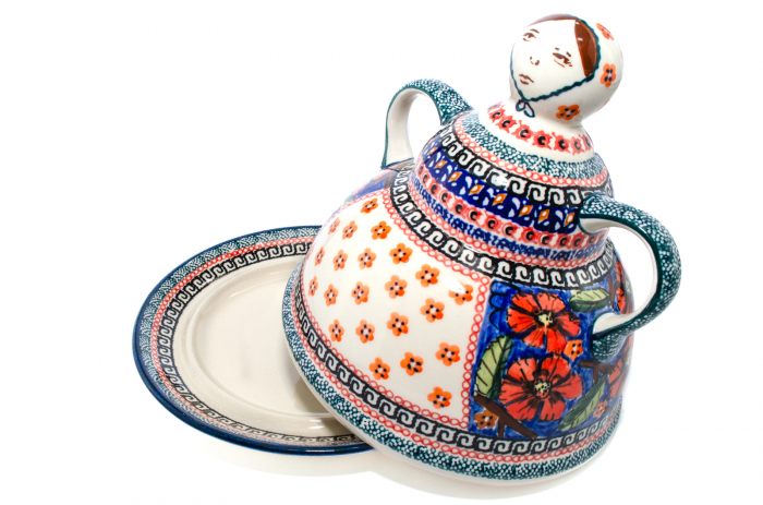 Platou cu capac  "figurina" pentru branzeturi / unt, Poppy Bouquet, ceramica smaltuita, pictata manual, 11,0 x 19,0 cm [4]