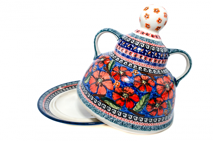 Platou cu capac  "figurina" pentru branzeturi / unt, Poppy Bouquet, ceramica smaltuita, pictata manual, 11,0 x 19,0 cm [6]