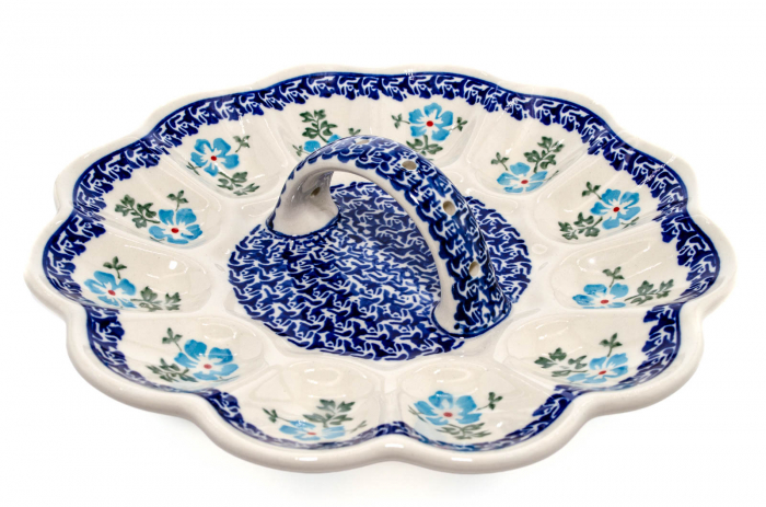 Platou cu maner pentru oua Forget-me-nots, ceramica smaltuita, pictat manual, 24,0 cm [2]