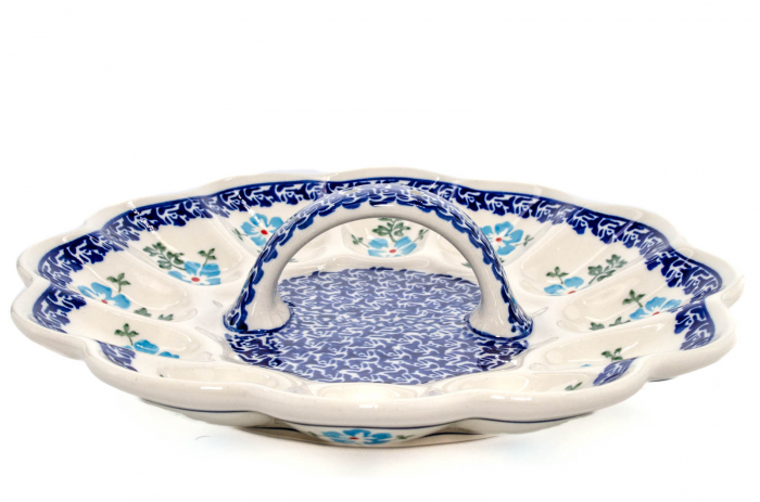 Platou cu maner pentru oua Forget-me-nots, ceramica smaltuita, pictat manual, 24,0 cm [3]