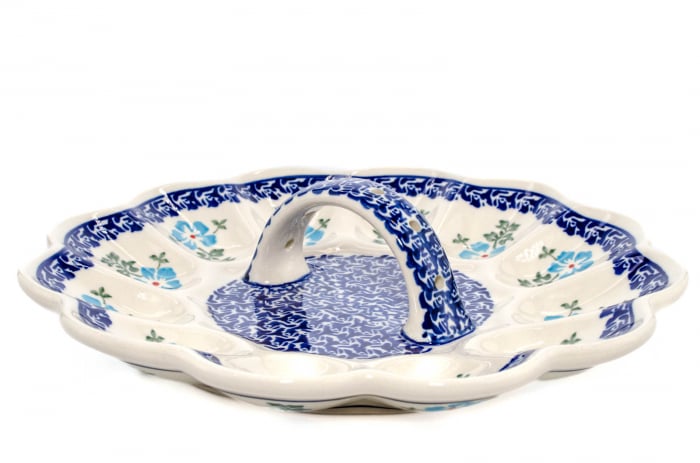 Platou cu maner pentru oua Forget-me-nots, ceramica smaltuita, pictat manual, 24,0 cm [4]