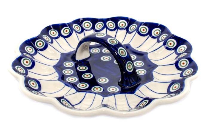 Platou cu maner pentru oua Peacock Eyes, ceramica smaltuita, pictat manual, 24,0 cm [2]