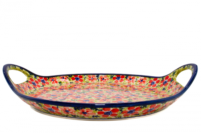 Platou rotund cu manere pentru servire Fire Poppies, ceramica smaltuita, pictat manual, 28,5 / 33,0 cm [5]