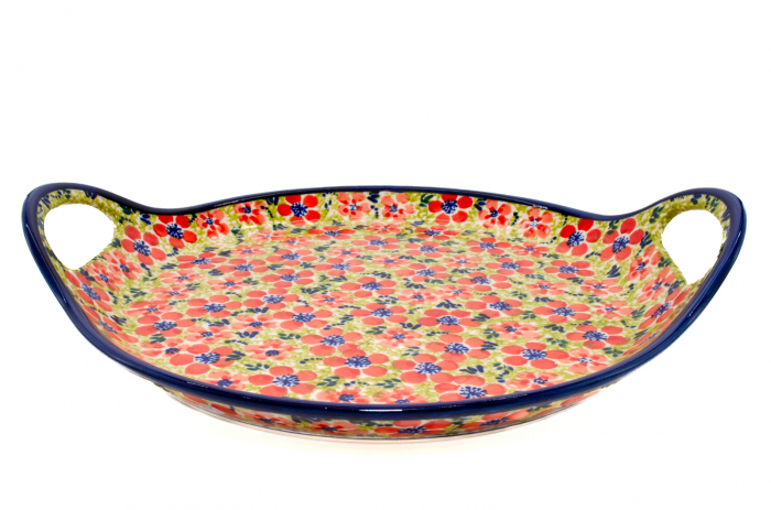 Platou rotund cu manere pentru servire Fire Poppies, ceramica smaltuita, pictat manual, 28,5 / 33,0 cm [4]