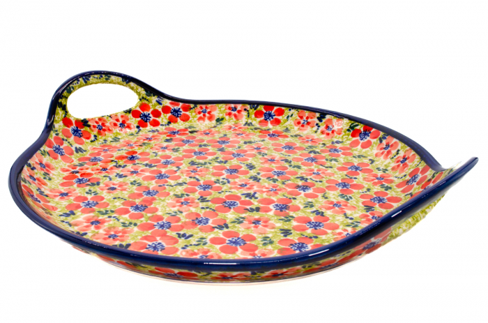 Platou rotund cu manere pentru servire Fire Poppies, ceramica smaltuita, pictat manual, 28,5 / 33,0 cm [2]