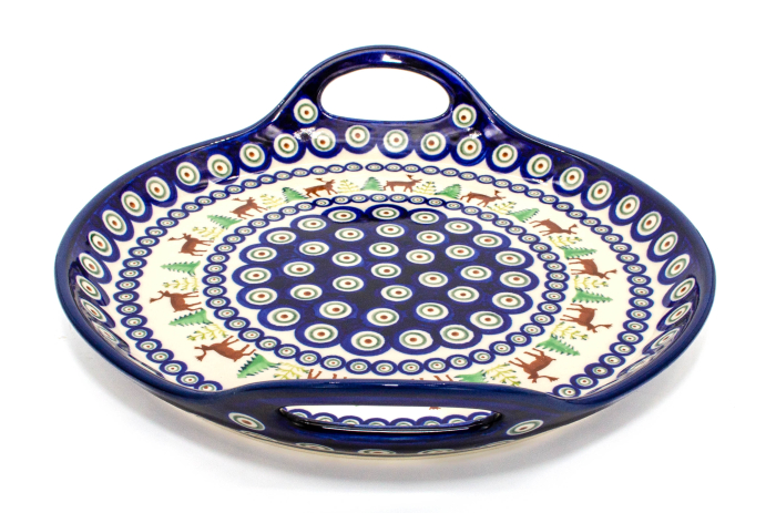 Platou rotund cu manere pentru servire Reindeer, ceramica smaltuita, pictat manual, 28,5 / 33,0 cm [6]