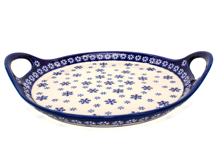 Platou rotund cu manere pentru servire Snowflakes, ceramica smaltuita, pictat manual, 28,5 / 33,0 cm [5]