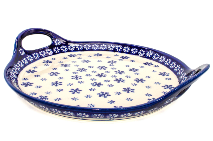 Platou rotund cu manere pentru servire Snowflakes, ceramica smaltuita, pictat manual, 28,5 / 33,0 cm [6]