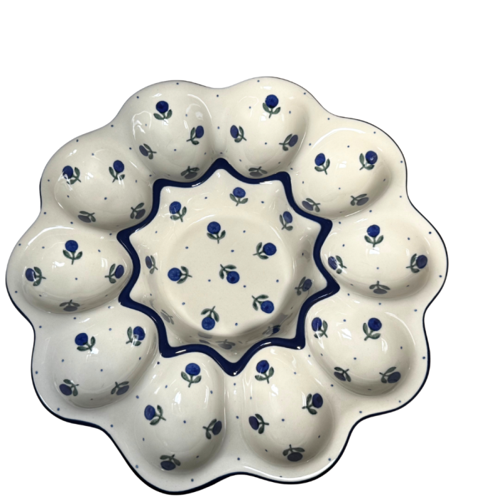 Platou rotund pentru oua Blue Spring, ceramica smaltuita, pictat manual [2]