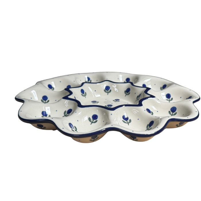 Platou rotund pentru oua Blue Spring, ceramica smaltuita, pictat manual [5]