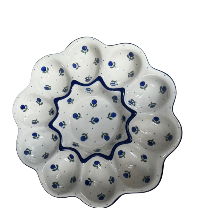 Platou rotund pentru oua Blue Spring, ceramica smaltuita, pictat manual [3]