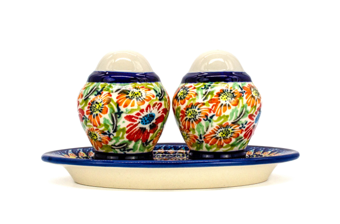 Set 2 recipiente sare si piper cu tava Flower Jungle, ceramica smaltuita, pictata manual, 5,4/10,4 x 18,4 cm [5]