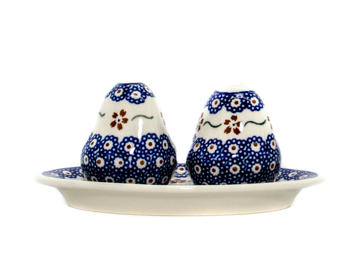 Set 2 recipiente sare si piper cu tava Flowery, ceramica smaltuita, pictata manual, 6,4/18,4 x 10,4 cm [2]