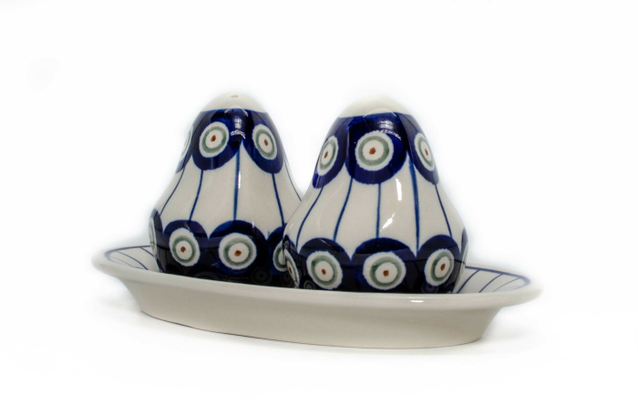 Set 2 recipiente sare si piper cu tava Peacock Eyes, ceramica smaltuita, pictata manual, 6,4/18,4 x 10,4 cm [3]