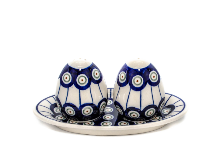 Set 2 recipiente sare si piper cu tava Peacock Eyes, ceramica smaltuita, pictata manual, 6,4/18,4 x 10,4 cm [2]