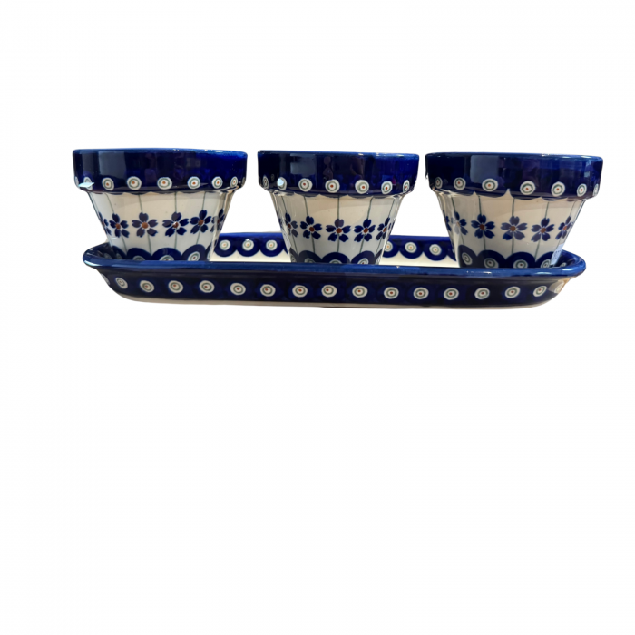 Set trei ghivece cu farfurie Floral Peacock, ceramica smaltuita, pictate manual [10]