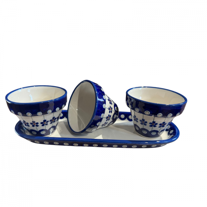 Set trei ghivece cu farfurie Floral Peacock, ceramica smaltuita, pictate manual [7]