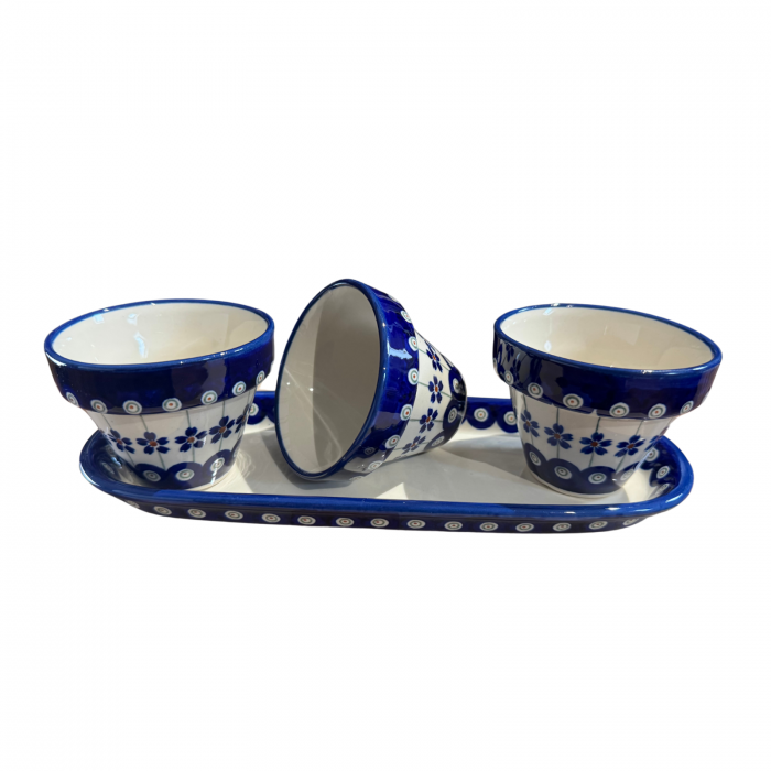 Set trei ghivece cu farfurie Floral Peacock, ceramica smaltuita, pictate manual [4]