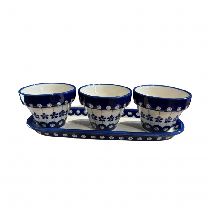 Set trei ghivece cu farfurie Floral Peacock, ceramica smaltuita, pictate manual [9]