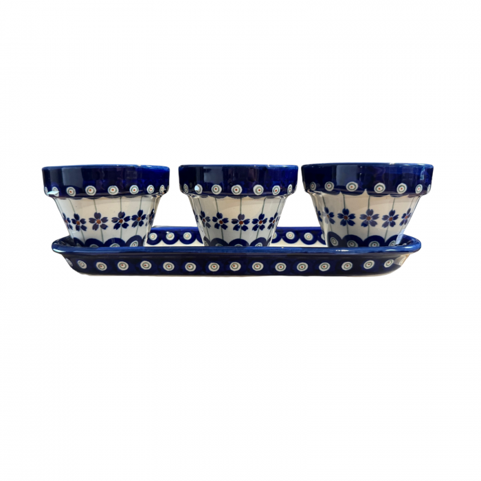 Set trei ghivece cu farfurie Floral Peacock, ceramica smaltuita, pictate manual [2]