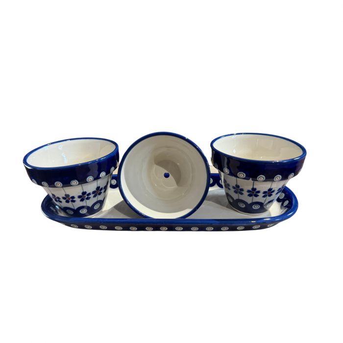 Set trei ghivece cu farfurie Floral Peacock, ceramica smaltuita, pictate manual [5]