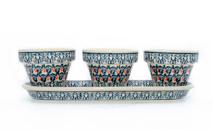 Set trei ghivece cu farfurie Flower Bed, ceramica smaltuita, pictate manual [4]