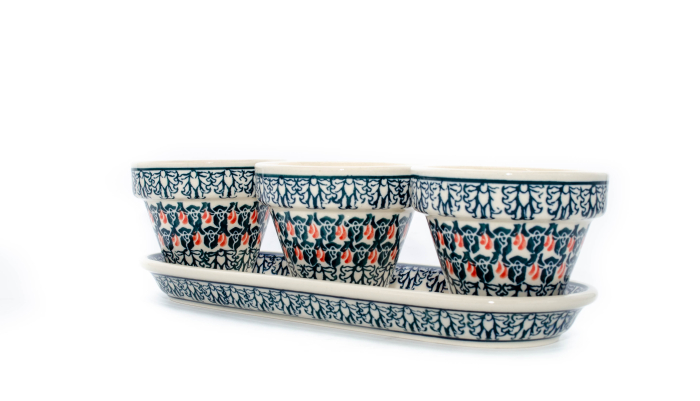 Set trei ghivece cu farfurie Flower Bed, ceramica smaltuita, pictate manual [3]