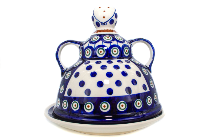 Platou cu capac  "figurina" pentru branzeturi / unt  Peacock Eyes, ceramica smaltuita, pictata manual, 17,4 x 19,2 cm [2]