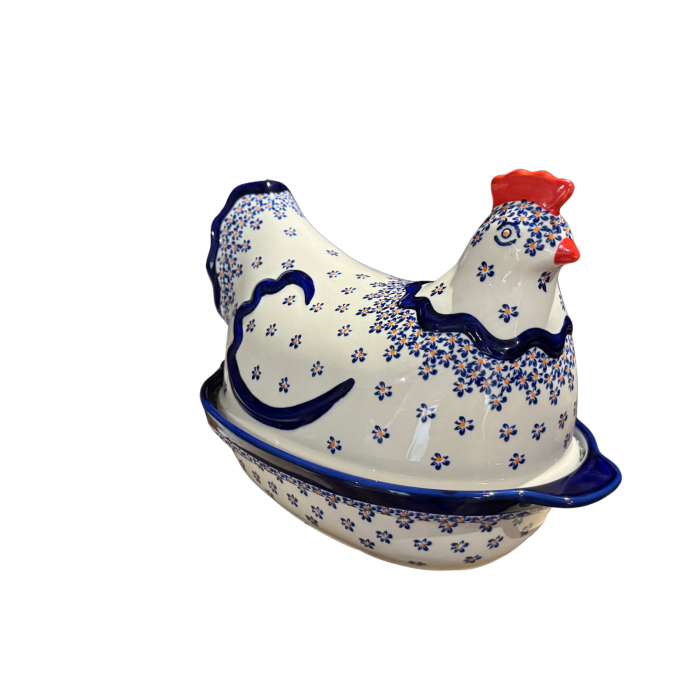 Vas cu capac pentru cuptor in forma de "gaina" Blue Field, ceramica smaltuita, pictat manual [7]