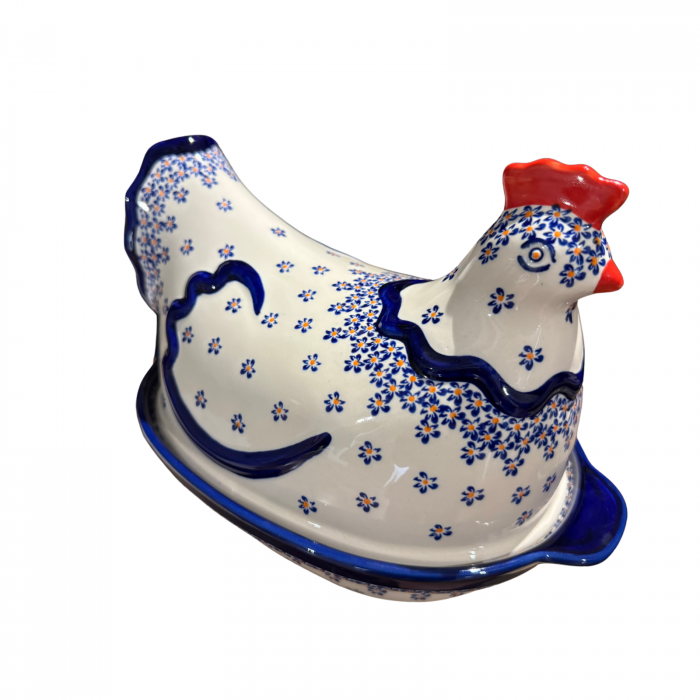Vas cu capac pentru cuptor in forma de "gaina" Blue Field, ceramica smaltuita, pictat manual [2]