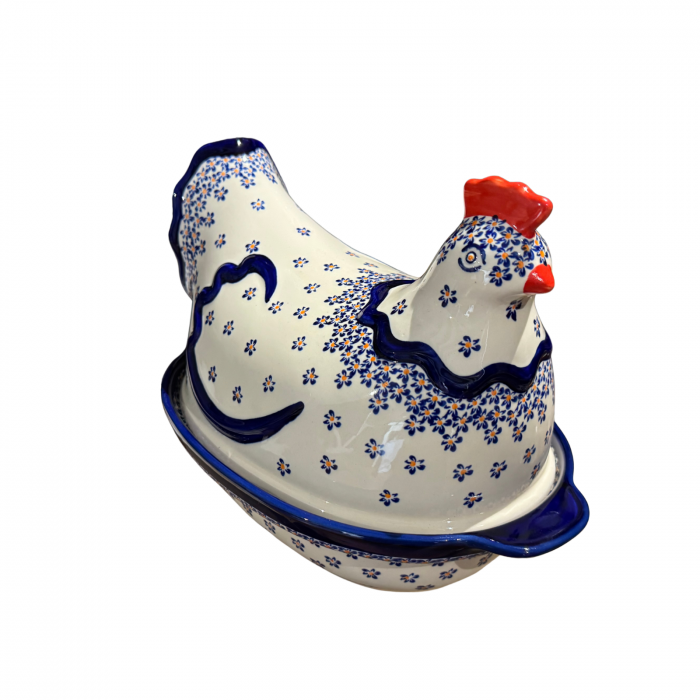 Vas cu capac pentru cuptor in forma de "gaina" Blue Field, ceramica smaltuita, pictat manual [8]