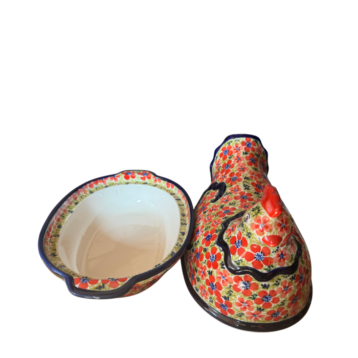 Vas cu capac pentru cuptor in forma de "gaina" , Fire Poppies, ceramica smaltuita, pictata manual [8]