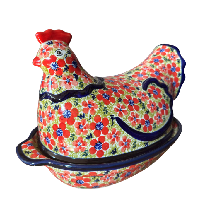 Vas cu capac pentru cuptor in forma de "gaina" , Fire Poppies, ceramica smaltuita, pictata manual [4]