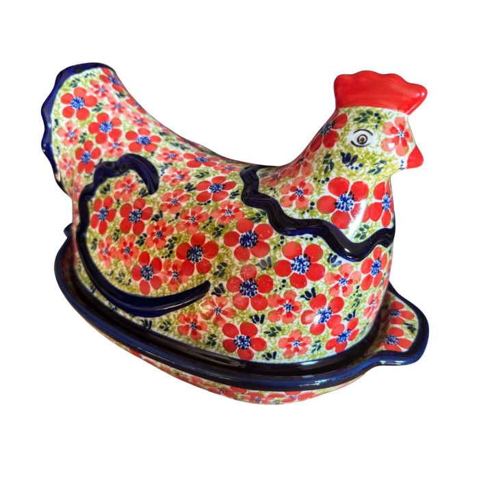 Vas cu capac pentru cuptor in forma de "gaina" , Fire Poppies, ceramica smaltuita, pictata manual [3]