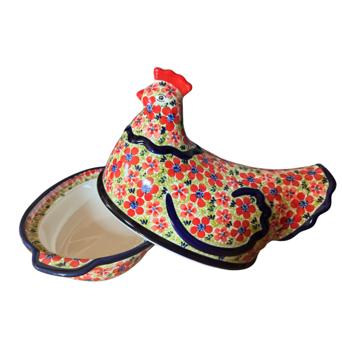 Vas cu capac pentru cuptor in forma de "gaina" , Fire Poppies, ceramica smaltuita, pictata manual [9]