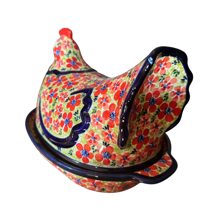 Vas cu capac pentru cuptor in forma de "gaina" , Fire Poppies, ceramica smaltuita, pictata manual [5]