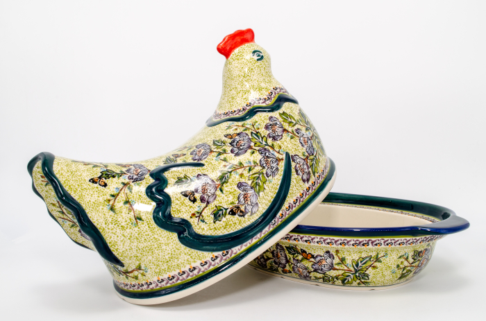 Vas cu capac pentru cuptor in forma de "gaina" Flower Branch, ceramica smaltuita, pictat manual [4]