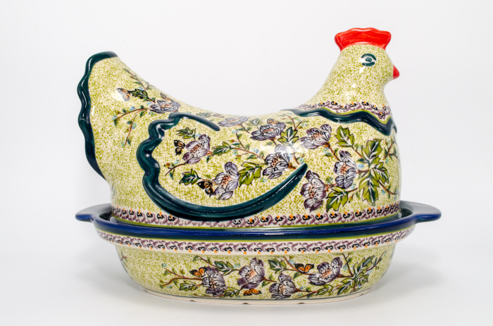 Vas cu capac pentru cuptor in forma de "gaina" Flower Branch, ceramica smaltuita, pictat manual [2]