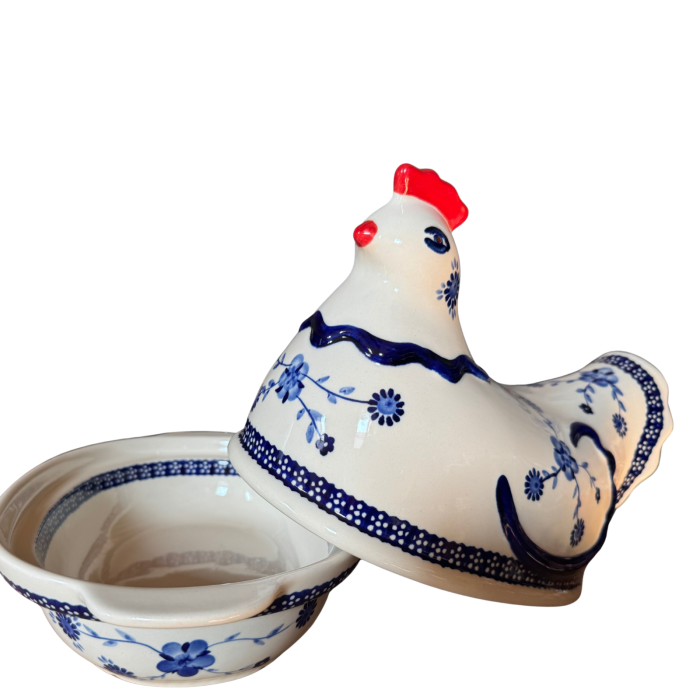 Vas cu capac pentru cuptor in forma de "gaina" , Little Blue Flowers, ceramica smaltuita, pictata manual [4]
