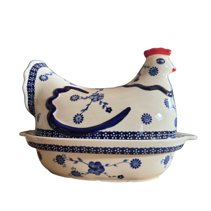 Vas cu capac pentru cuptor in forma de "gaina" , Little Blue Flowers, ceramica smaltuita, pictata manual [9]