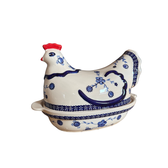 Vas cu capac pentru cuptor in forma de "gaina" , Little Blue Flowers, ceramica smaltuita, pictata manual [12]