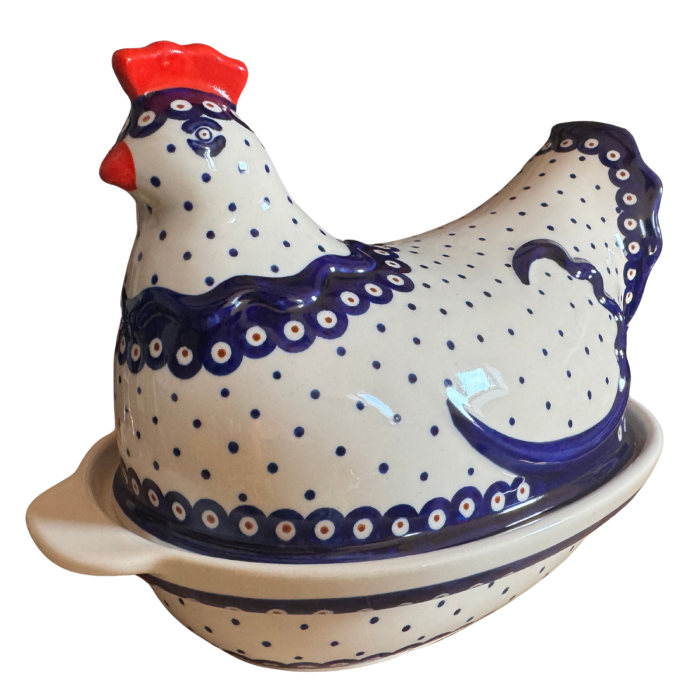 Vas cu capac pentru cuptor in forma de "gaina" , Peacock Dots, ceramica smaltuita, pictata manual [3]