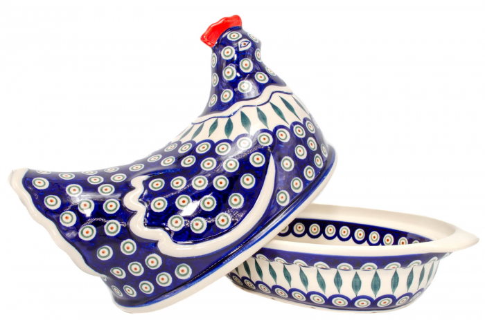 Vas cu capac pentru cuptor in forma de "gaina" Peacock Tear Drops, ceramica smaltuita, pictat manual [4]